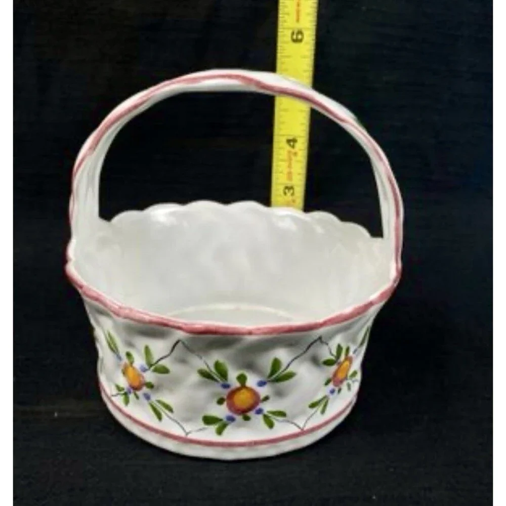 Vintage Casafina Portugal Hand Painted Ceramic Basket Floral Fruit Handle 6
